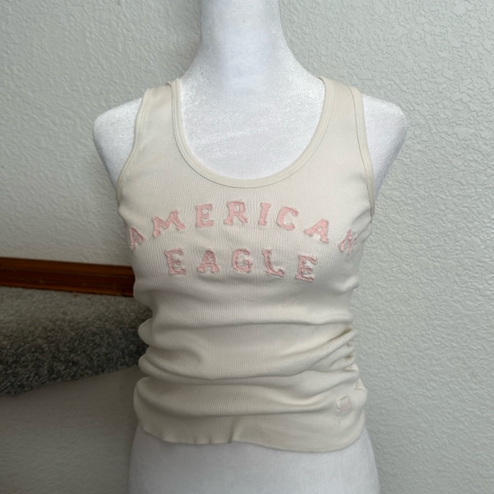 American Eagle vintage white tank top with pink lettering size small